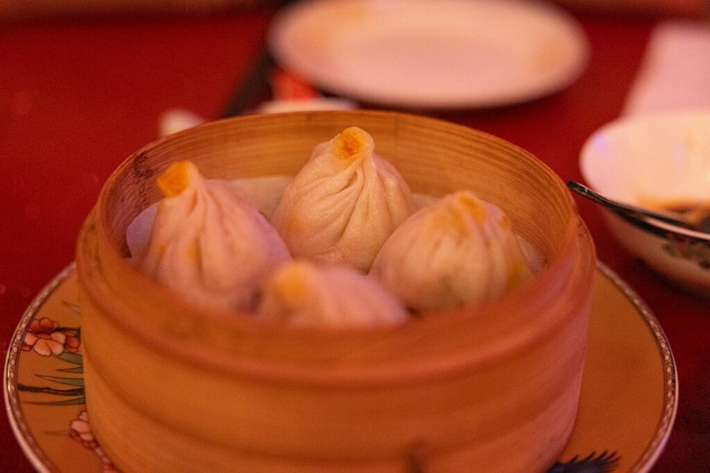Soup dumplings in a steamer