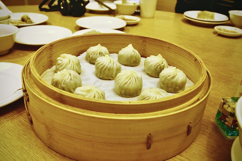 Soup dumplings in a steamer