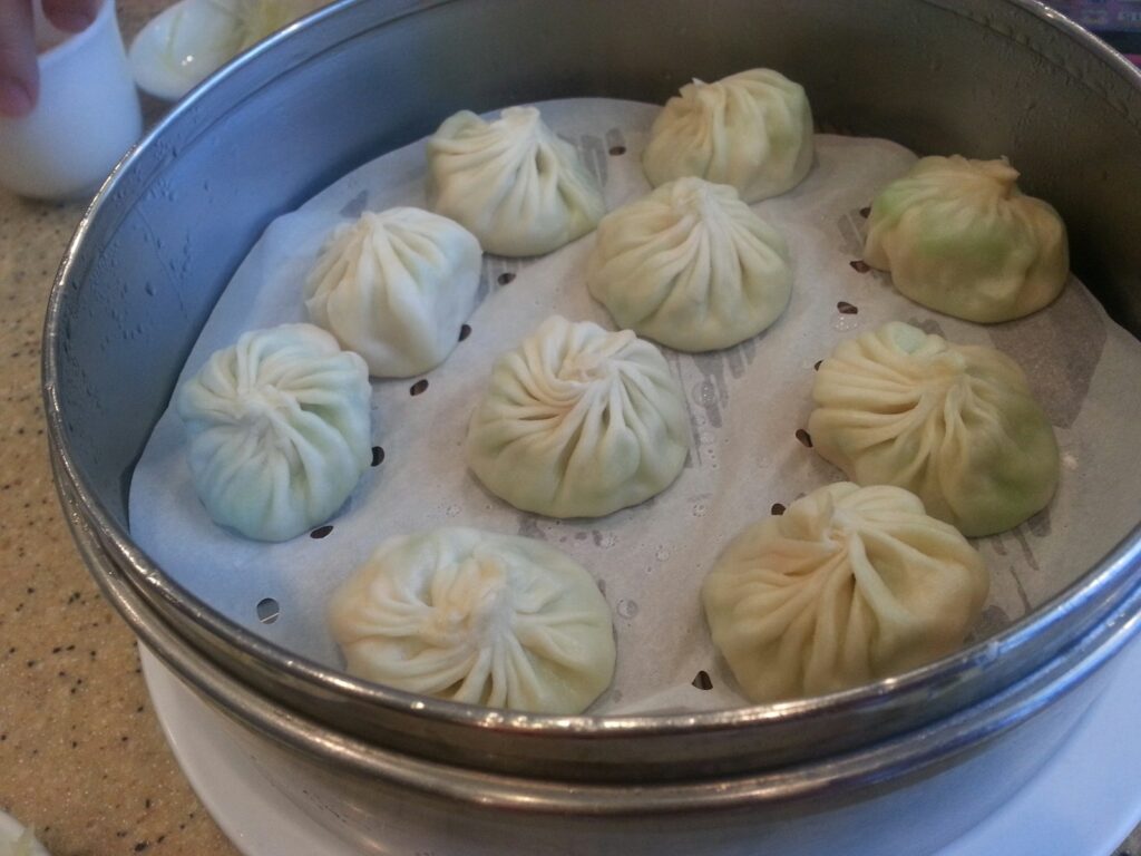 Soup dumplings in a steamer
